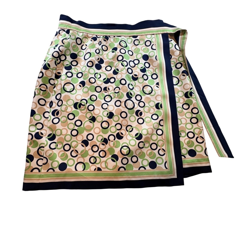 Talbots Wrap Skirt Womens 10P Blue Green Silk Geometric Circle Print Petite